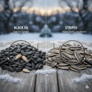 Comparison chart of black oil and striped sunflower seeds for winter bird feeding to show fat content differences.