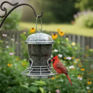 A bright red Northern Cardinal perched on a squirrel proof bird feeder eating sunflower seeds.