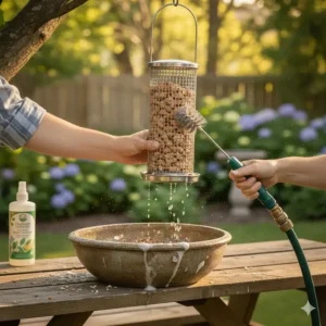 A person cleaning a bird feeder for peanuts with a brush and warm soapy water to ensure bird safety.