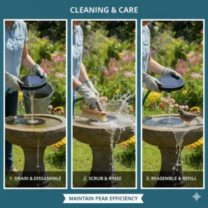 Step-by-step illustration of scrubbing a solar-powered bird bath to maintain pump and heater efficiency.