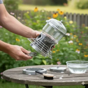 A person disassembling a squirrel proof bird feeder for regular cleaning and maintenance.