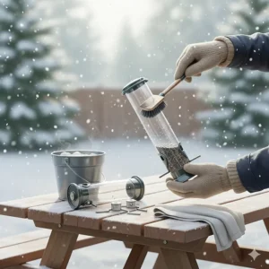 Illustration showing the proper way to clean a bird feeder to maintain a healthy winter bird feeding environment.