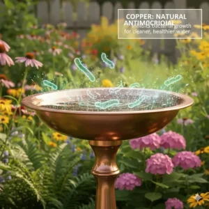 Illustration showing the natural antimicrobial properties of a copper bird bath bowl for cleaner water.