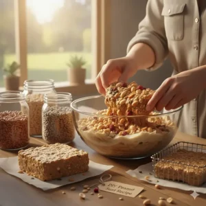 Step-by-step illustration of mixing crushed peanuts into bird suet cakes.
