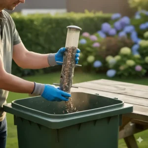 Discarding old, wet bird seed from a tube feeder into a waste bin to prevent mold.