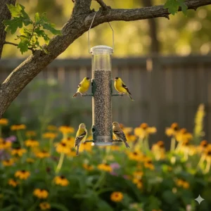 An illustration showing a clear tube bird feeder for finches with multiple perches and small seed ports.