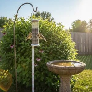 A goldfinch feeder hanging 5 feet off the ground near protective shrubs and a birdbath.