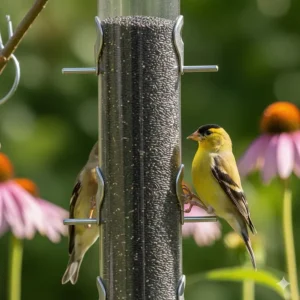 Close-up of a clear tube goldfinch feeder with multiple perches and tiny ports for thistle seed.