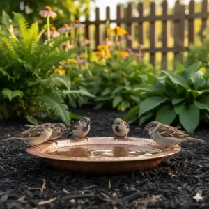 A low-profile hammered copper bird bath basin placed on garden mulch for ground-feeding birds.
