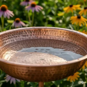 Detail shot of a hand-hammered copper bird bath bowl showing unique artisanal textures.