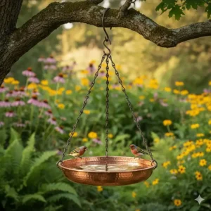A round hanging copper bird bath suspended by a metal chain from a tree branch.