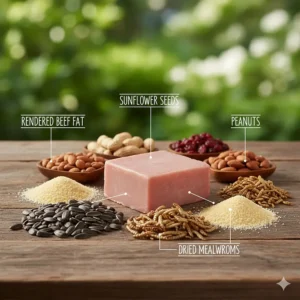 Infographic of bird-friendly suet ingredients like rendered beef fat, sunflower seeds, peanuts, and dried mealworms.