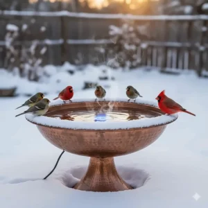 A copper bird bath in the snow with a heater used to prevent water from freezing.