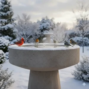 An all-season large bird bath with an internal heater to prevent ice during freezing temperatures.