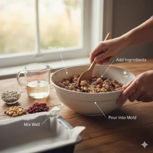 Step-by-step illustration showing how to mix melted fat with seeds to create homemade suet for a bird feeder.