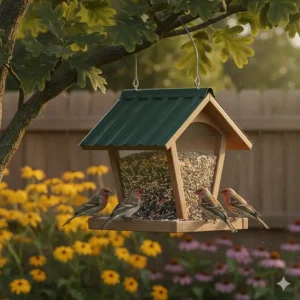 A wooden hopper-style bird feeder filled with sunflower hearts to attract House Finches and Purple Finches.