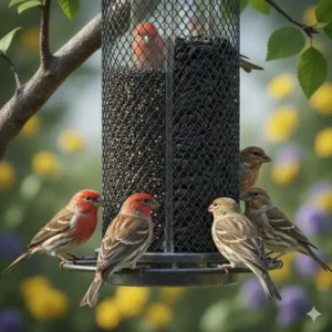 Illustration showing house finches feeding on nyjer and sunflower seeds in a mesh feeder.