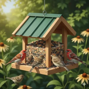 A wooden hopper-style house finch bird feeder with a landing tray for easy perching.