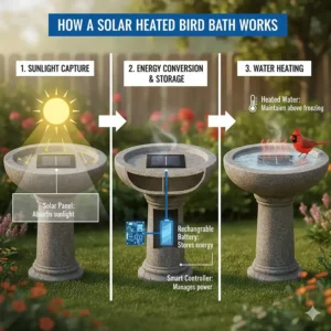 Diagram showing solar panels absorbing sunlight to power a heating element in a bird bath.