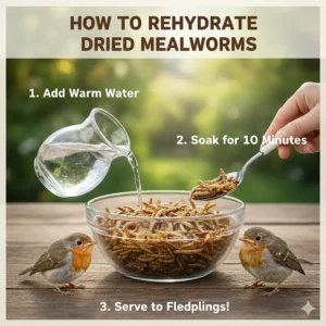 Illustration showing the process of soaking dried mealworms in water to soften them for fledglings.