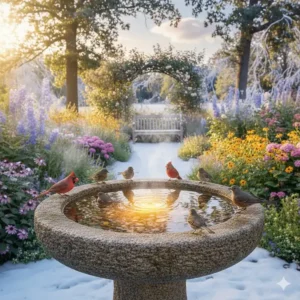A wide bird bath with landing stones to accommodate birds, bees, and butterflies.