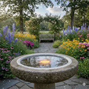 A heavy-duty large bird bath made of reinforced concrete for winter durability.