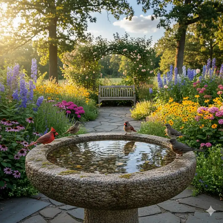 A wide-basin stone large bird bath acting as a focal point in a lush perennial garden.