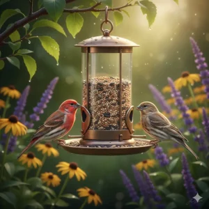 A pair of male and female house finches sharing a hanging bird feeder in a backyard setting.