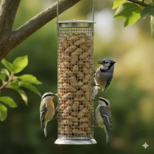 A metal mesh tube feeder specifically designed to hold whole peanuts for clinging birds.