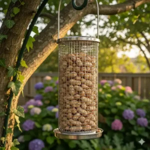 Close-up of a stainless steel mesh bird feeder for peanuts designed to prevent squirrels from stealing whole nuts.