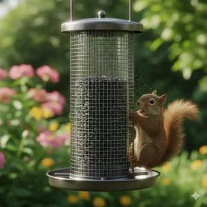 Durable metal cage construction of a bird feeder designed to resist squirrel chewing and damage.