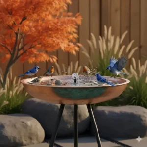 A sleek, contemporary copper large bird bath on a minimalist black metal stand.