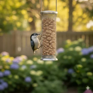 A White-breasted Nuthatch positioned head-first on a wire mesh bird feeder for peanuts.