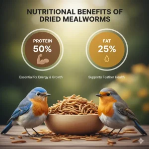 An infographic showing the protein and fat content of dried mealworms for bird health.