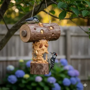 A cedar log bird feeder for peanut butter and nut-based suet plugs to attract insect-eating birds.