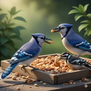 Illustration of shelled peanuts and nut pieces, a protein-rich wild bird food for woodpeckers and blue jays.