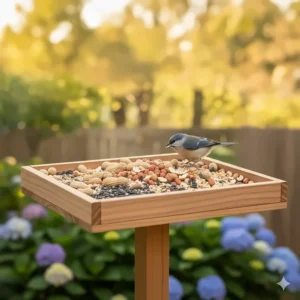 An open wooden platform bird feeder for peanuts and sunflower seeds being visited by a Tufted Titmouse.