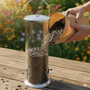A top-down view of a large capacity bird feeder being refilled with fresh sunflower seeds.