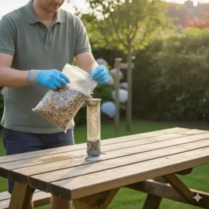 Pouring fresh sunflower seeds into a sparkling clean bird feeder to attract healthy birds.