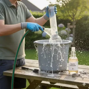 Rinsing soapy residue off a clean bird feeder using a high-pressure garden hose outside.