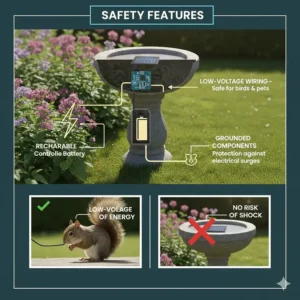 Illustration highlighting the safe, low-voltage wiring and grounded components of a solar bird bath.