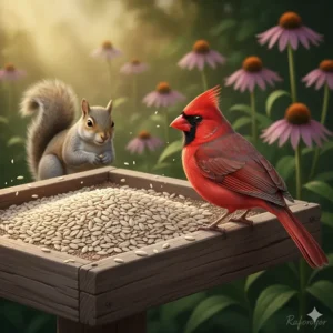 Illustration of white safflower seeds, a popular bird seed for wild birds that deters squirrels and grackles.