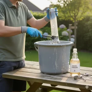 Using a long-handled bottle brush to clean the inside of a clear plastic bird feeder tube.