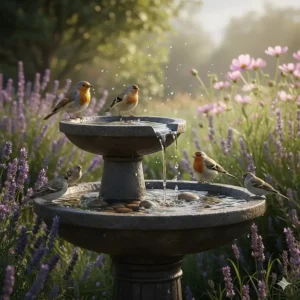 A large bird bath with a shallow basin and textured bottom for bird safety and grip.