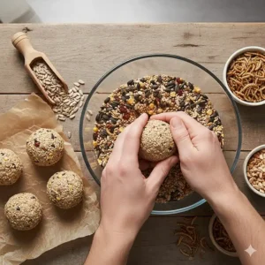 A graphic showing the process of rolling the suet mixture into firm, round spheres.
