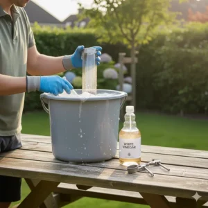 Bird feeder parts soaking in a large tub filled with a mixture of hot water and white vinegar.