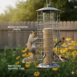 A diagram highlighting squirrel-proof features on a bird feeder specifically designed for small finches.
