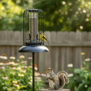 A specialized goldfinch feeder equipped with a metal cage and squirrel baffle on a pole.