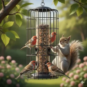 A squirrel-proof house finch bird feeder featuring a protective metal cage.