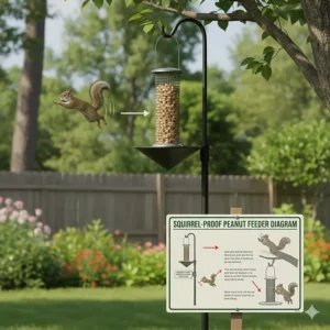 A diagram showing how to position a peanut feeder to prevent squirrels from stealing the nuts.